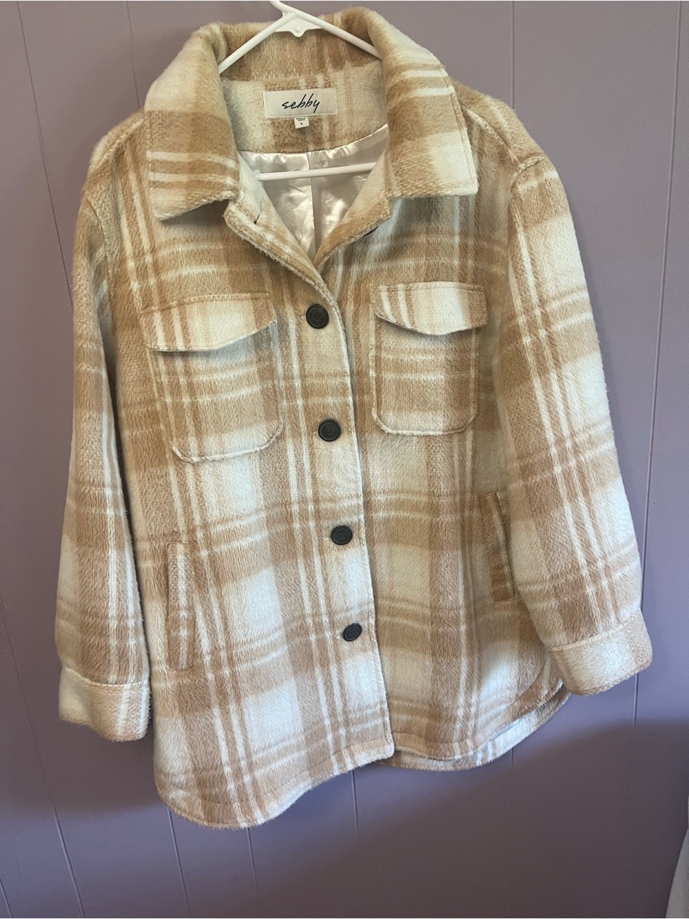 Sebby Cream and Beige Plaid Teddy Shacket